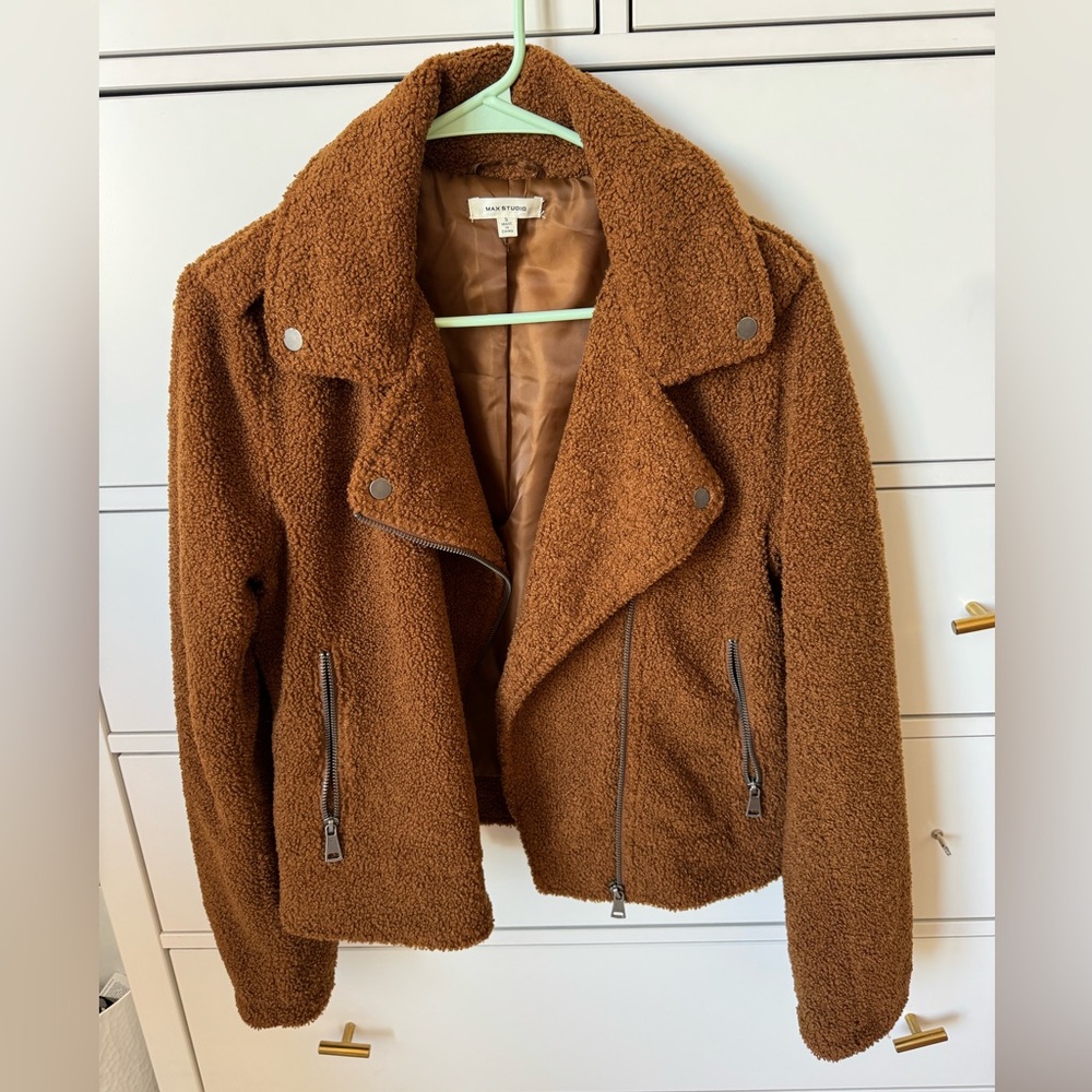 Max Studio Brown Teddy Sherpa Moto Jacket